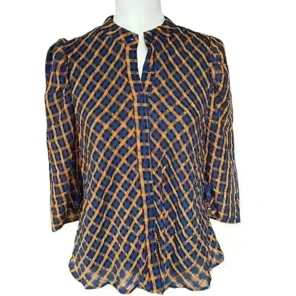 Eva Franco for Anthropologie Gold and Blue Button-up - Size 4 - Picture 1 of 4